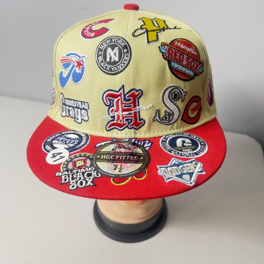 Negro League Collage Hat Cap Fitted Mens 7 1/2 Beige Red Baseball Headgear Stree